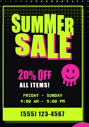 Summer Sale flyer in Acidwave style: acid green, wavy display type, distorted smileys, noisy grids.