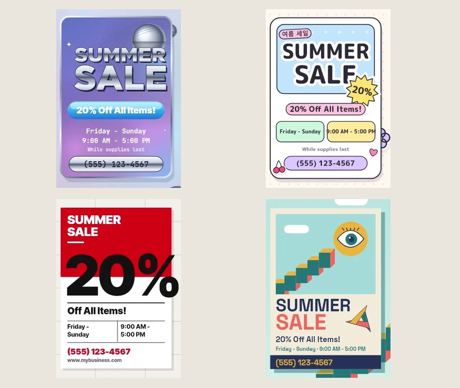 The same Summer Sale flyer transformed into four styles from the Blynx video: Y2K Futurism, K-Design, Neo-Swiss and Vector-Surrealism