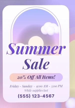 Summer Sale flyer in Dreamscape style: pastel skies, glowing arches, clouds, elegant italic type.