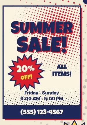 Summer Sale flyer in Halftone style: dot shading, limited inks, comic bursts, slightly offset print layers.