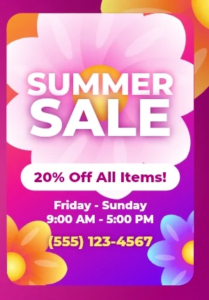 Summer Sale flyer in Hyperbloom style: giant petals, hot gradients, luminous edges, bold clean headlines.