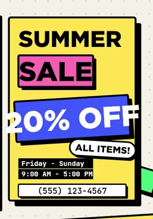 Summer Sale flyer in Neo-Brutalism style: thick outlines, flat colour, chunky type, hard offset shadows.