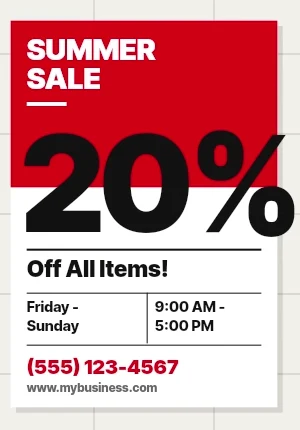 Summer Sale flyer in Neo-Swiss style: flush-left type, oversized numerals, precise rules, red-black-white contrast.