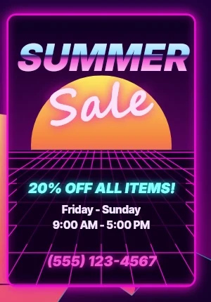 Summer Sale flyer in Synthwave style: magenta grids, striped sunsets, cyan accents, chrome and script type.