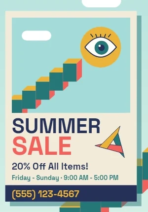 Summer Sale flyer in Vector-Surrealism style: flat geometry, floating eyes, impossible stairs, unexpected scale.