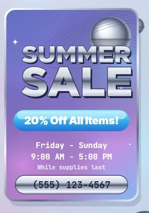 Summer Sale flyer in Y2K Futurism style: metallic headlines, glossy pills, chrome spheres, star flares.