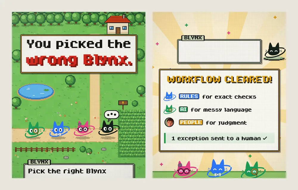 Frames from the “You picked the wrong Blynx” video: the title screen and the Workflow Cleared screen listing rules for exact checks, AI for messy language and people for judgment