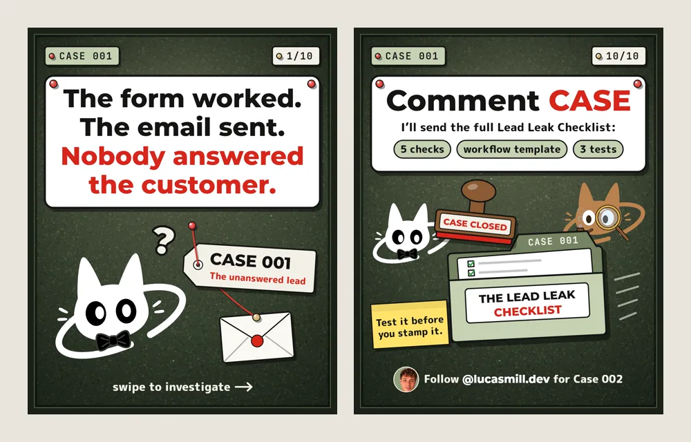 Slides from Case 001: “The form worked. The email sent. Nobody answered the customer.” and “Comment CASE” with the Lead Leak Checklist folder