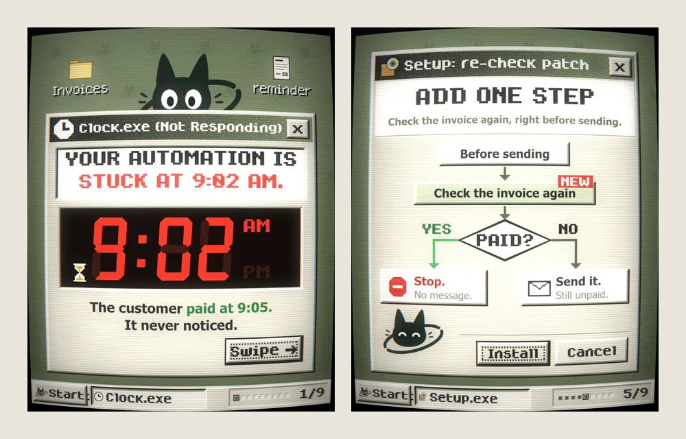Slides from the carousel: “Your automation is stuck at 9:02 AM” and the setup screen “Add one step: check the invoice again, right before sending”